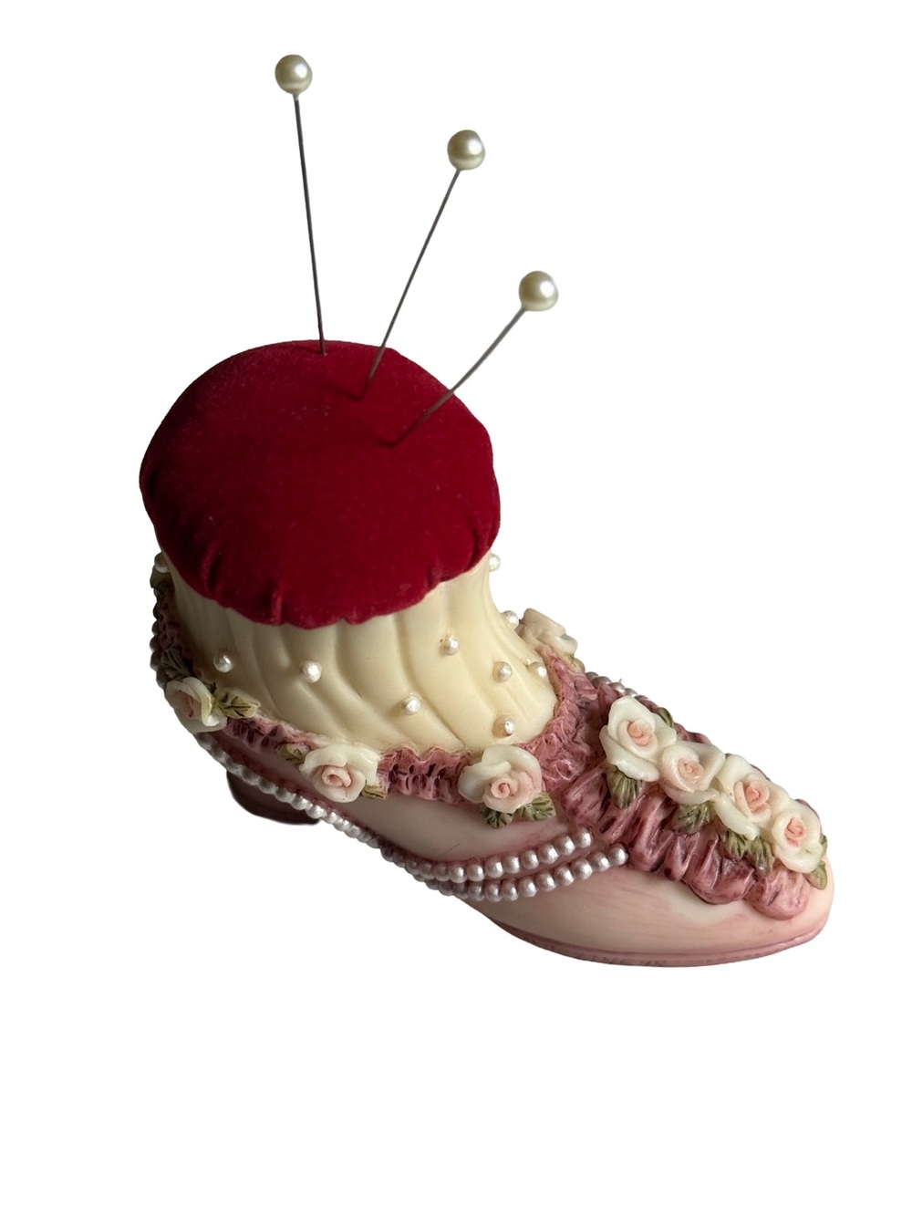 Vintage Hand-painted porcelain Red‎ and Pink Floral Shoe Pin Cushion